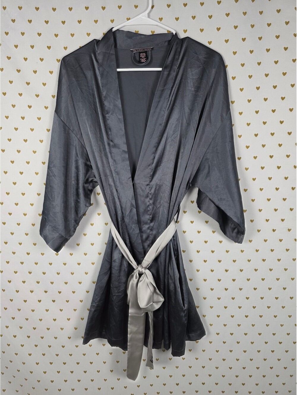 Victorias Secret Satin Silky Robe Grey Lounge Wrap Kimono XS SMALL